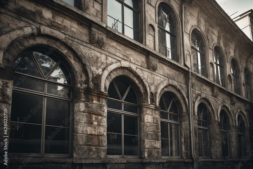 Old building with arched windows made of gray stone. Generative AI