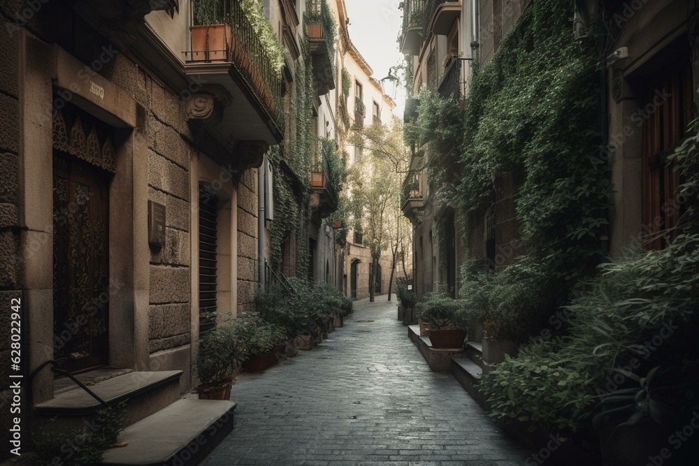 A charming street in Barcelona with a cozy atmosphere. Generative AI