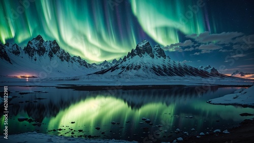 Aurora borealis in the night sky over snowy mountains.