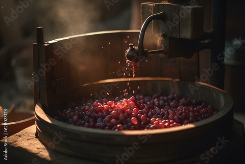 Photo The traditional method of wine making involves a winepress, red must, and a helical screw to filter grape must