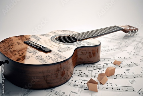 Collage of acoustic guitar & music notes on light background. Ideal for card/magazine cover design. Represents ideas, aspiration, imagination. Generative AI