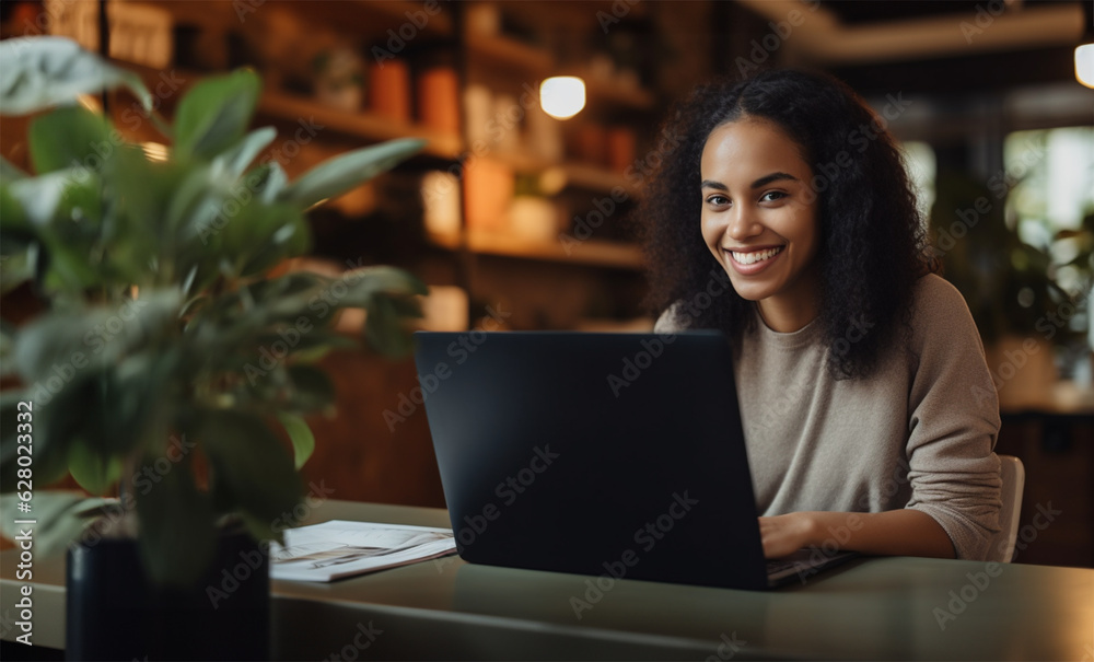 a beautiful young ethnic woman smiling as she works remotely on her laptop at home a beautiful young ethnic woman smiling as she works remotely on her laptop at home