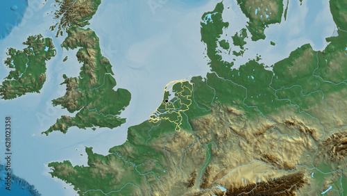 Shape of Netherlands with regional borders. Relief.