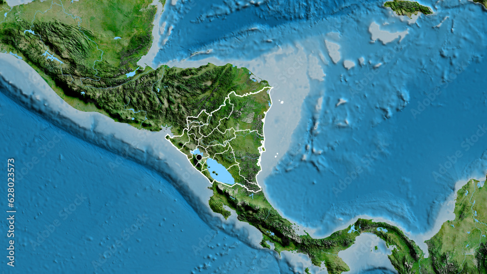 Shape of Nicaragua with regional borders. Satellite.