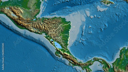 Shape of Nicaragua with regional borders. Physical.