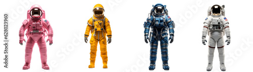 Cut out set of astronauts in yellow, pink, blue and white space suits isolated on transparent white background