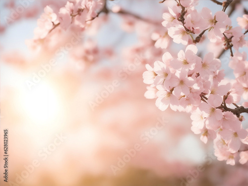 Close-up shot of summer Cherry Blossom Trees blurry sunrise by ai generated