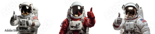 Set astronaut showing thumb up, collection cut out space man hand gesture approve or success