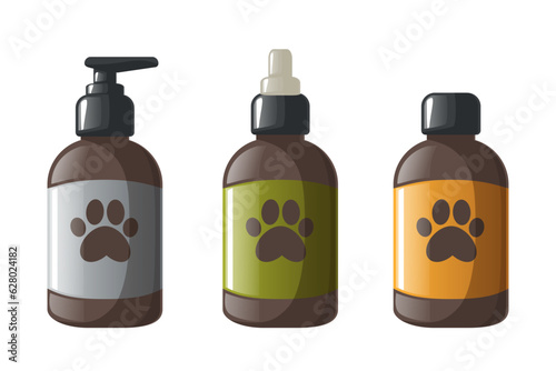 Dog and cat grooming equipment isolated on white background. Shampoo, soap for pet coat care. Vector flat cartoon set for wash and clean of domestic animals.
