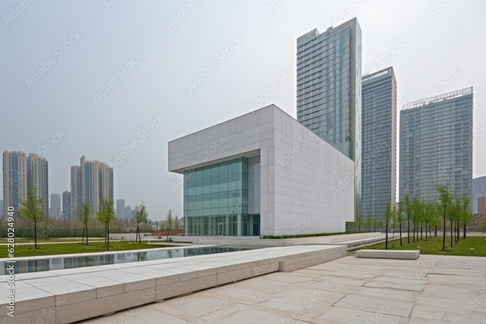 modern building, with clean lines and minimalist design, standing in the midst of cityscape