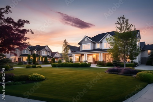 Beautiful sunset casting long shadows over a quiet suburban neighborhood filled with modern houses and well-kept lawns. Ideal for real estate and lifestyle concepts