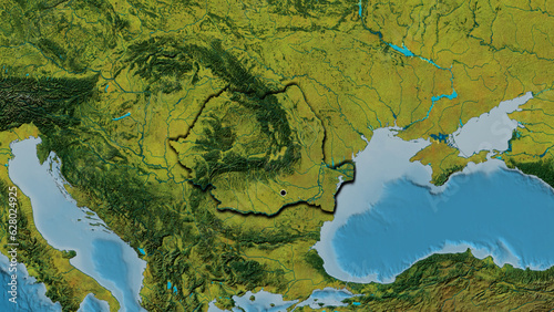 Shape of Romania. Bevelled. Topographic.