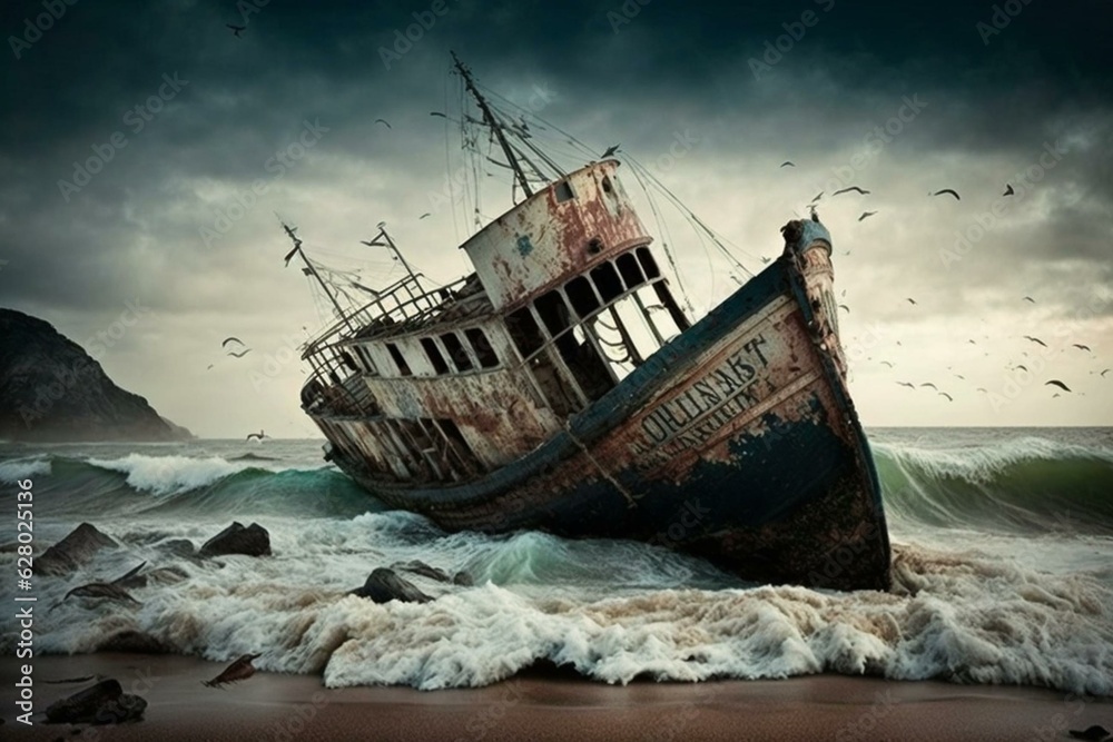 Shipwrecked fishing boat. Generative AI - obrazy, fototapety, plakaty 