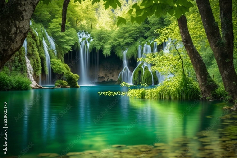Tranquil scene of idyllic waterfalls in Plitvice Lakes, Croatia. Generative AI
