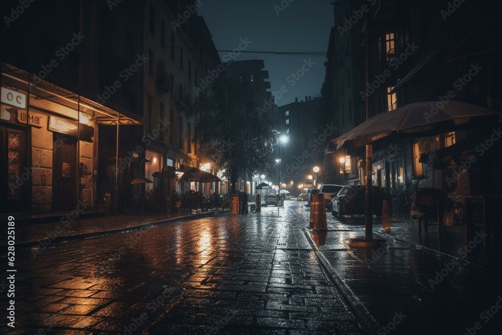 A somber atmosphere engulfs the city street under the night sky. Generative AI