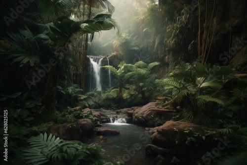 A lush jungle scene with cascading water. Generative AI