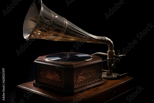 An engraved vintage gramophone with transparent background. Generative AI