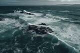 Aerial view of stormy ocean with big waves and strong winds. Generative AI