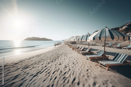 Whit sand beach with sun loungers and striped umbrellas beside the ocean. Generative AI