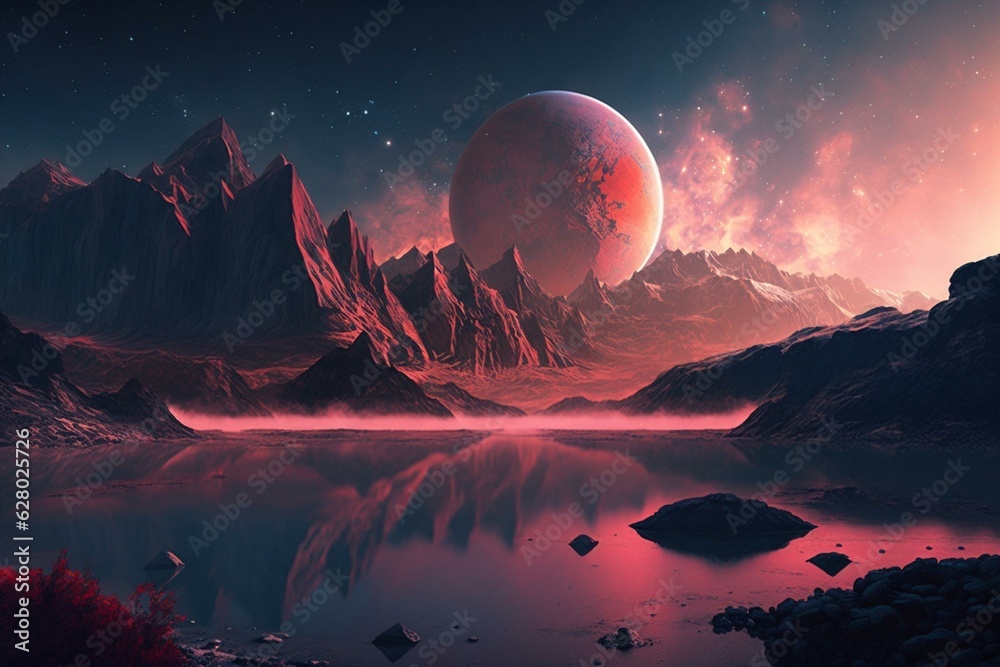 A strange terrain featuring peaks, a lake, and a colossal crimson orb on the horizon beneath a star-filled heaven. Generative AI