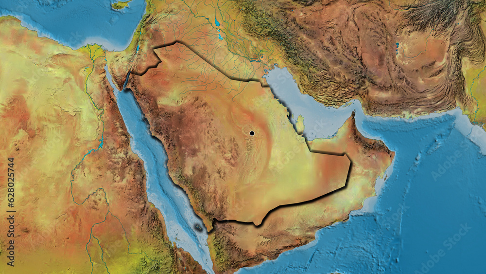 Shape of Saudi Arabia. Bevelled. Topographic.