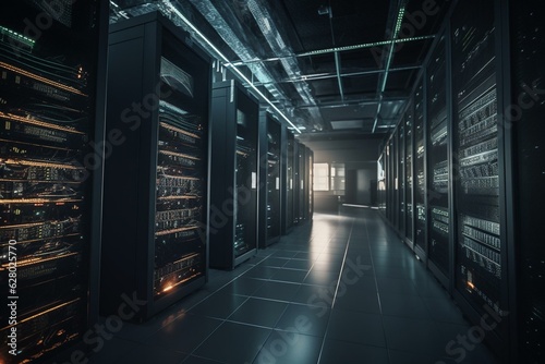 Racks of servers in a data center. Generative AI