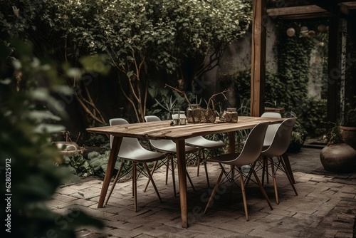 Table and chairs for home design in a garden. Generative AI