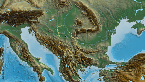 Shape of Serbia. Outlined. Relief.