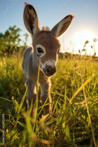 donkey foal exploring and playing in a grassy field