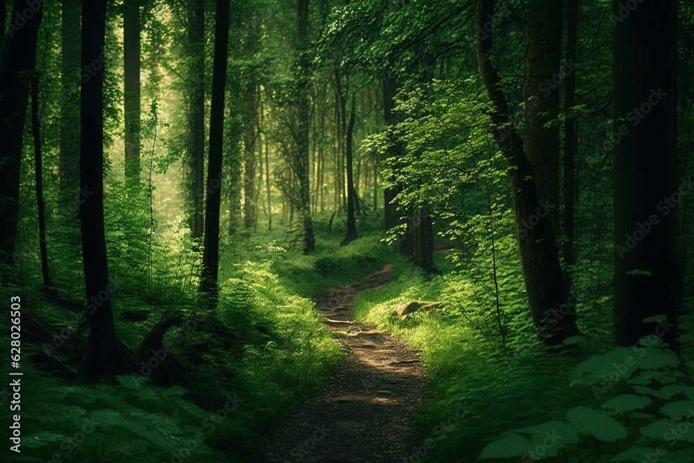 Serene forest with lush green trees. Generative AI