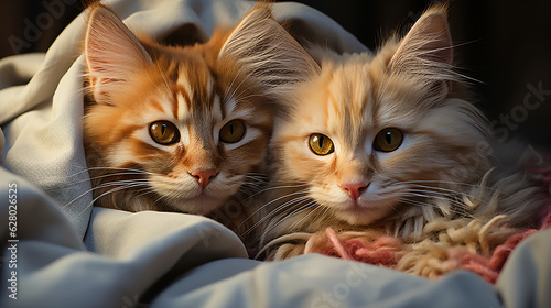 two young cute kittens snuggle together in a wool blanket, generative AI photo
