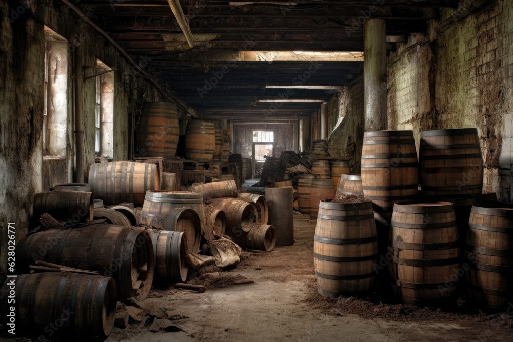 old barrels stacked in a historic distillery old barrels stacked in a historic distillery