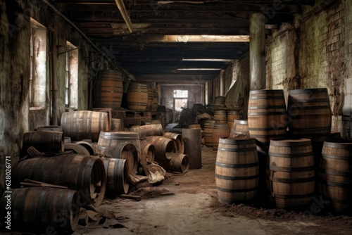 old barrels stacked in a historic distillery © Natalia