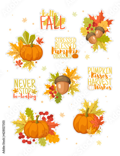 Set of natural autumn foliage stickers art and inspirational fall signs