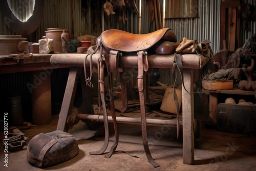 leather saddle on workhorse in rustic setting