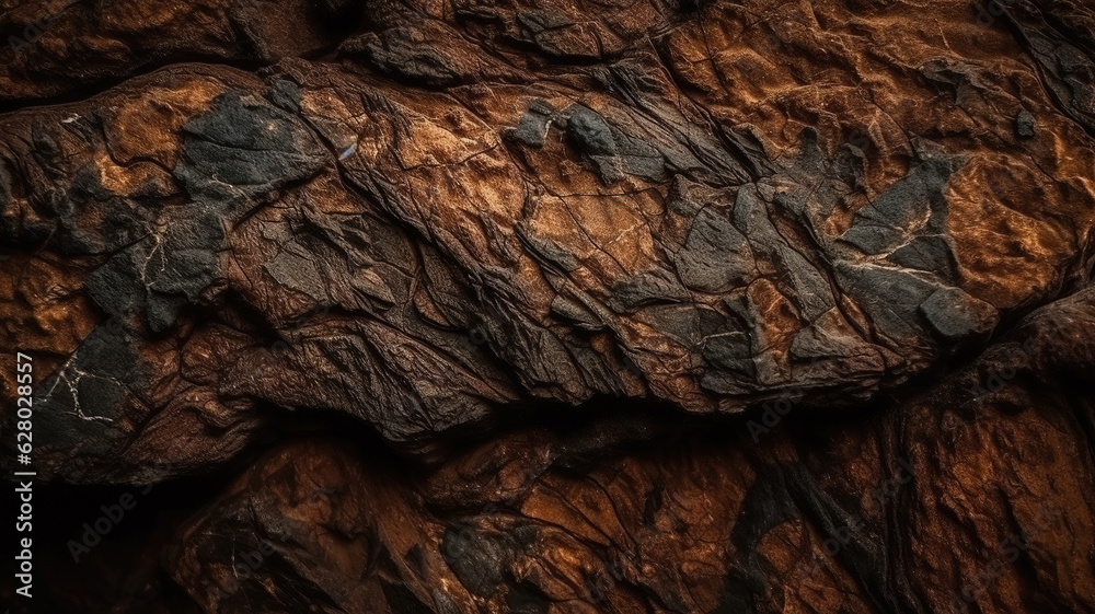 Dark brown rock texture and Rough mountain surface with cracks. Generative Ai