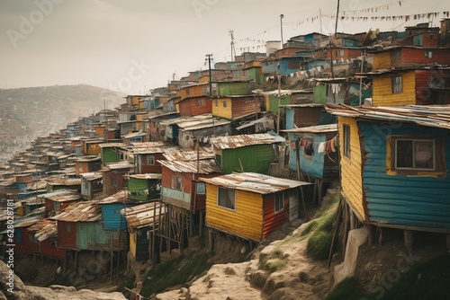 Multicolored shanty town in Lima, Peru. A tourism campaign for social and economic development. Generative AI © Aiden