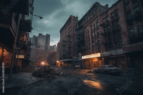 Desolate NYC future, deserted buildings, empty roads, dystopian atmosphere, eerie streets, forgotten city. Generative AI