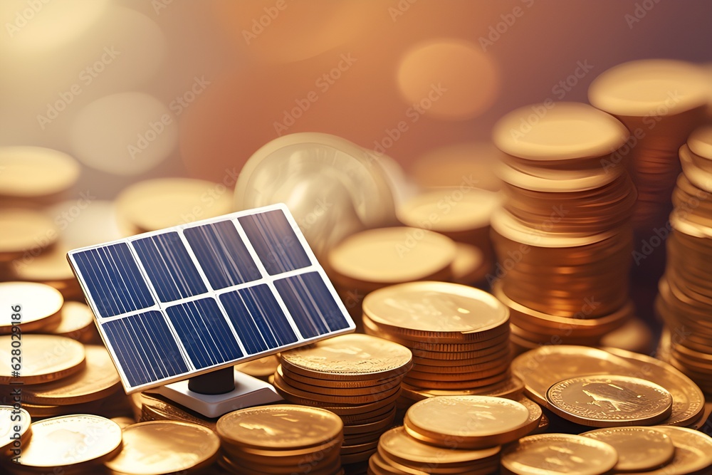 Eco-Power Play: A Miniature Solar Panel on a Stack of Coins. Generative AI Eco-Power Play: A Miniature Solar Panel on a Stack of Coins. Generative AI