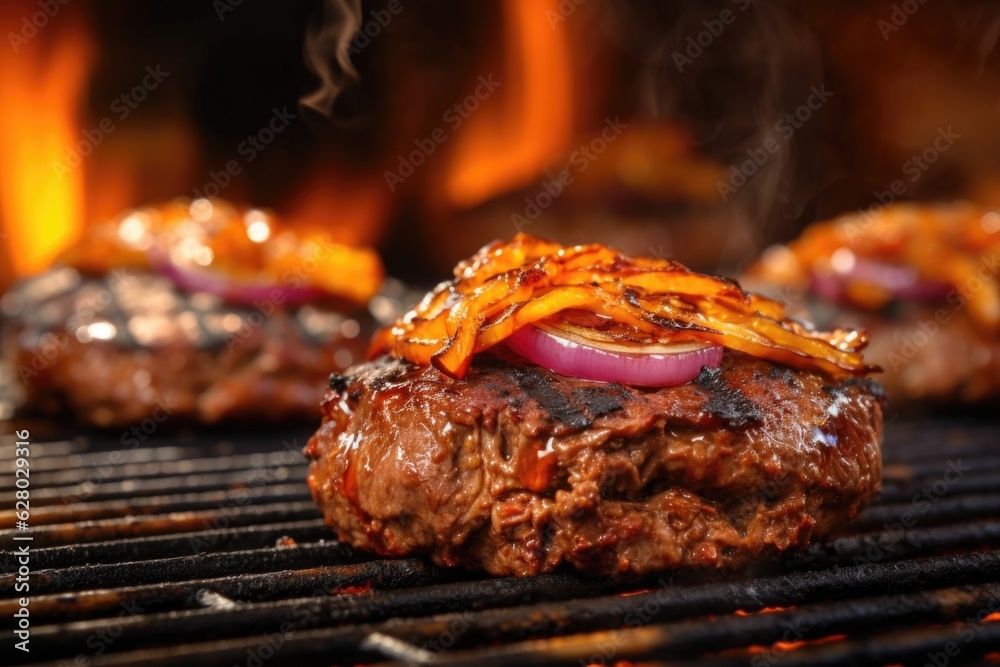 close-up of juicy bbq burgers on flaming grill close-up of juicy bbq burgers on flaming grill