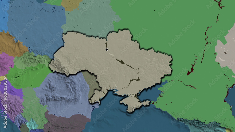 Fototapeta premium Shape of Ukraine. Bevelled. Administrative.