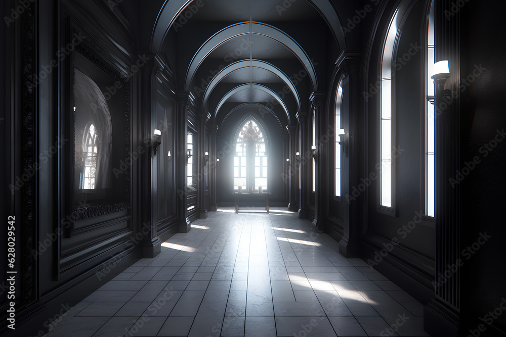 Gothic style hallway interior in luxury house. Gothic style hallway interior in luxury house.