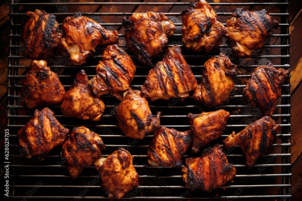 top view of bbq chicken wings grilling