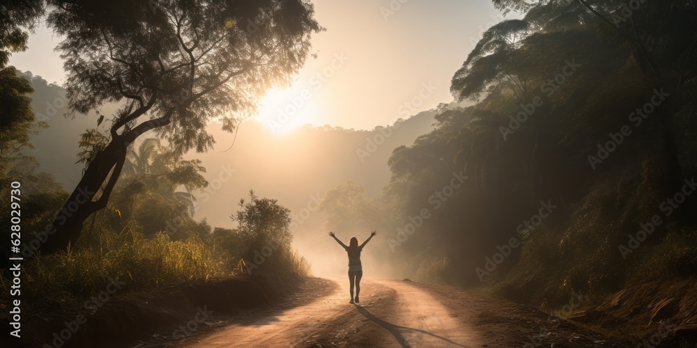 Female Hiker on an Endless Road, Welcoming the Rising Sun with Open Arms Amidst Tropical Trees