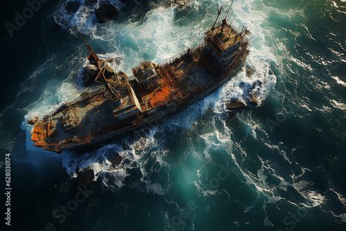 shipwreck emerging from a misty ocean, surrounded by rocky cliffs and foaming waves, adding an element of drama and mystique. Generative AI technology.