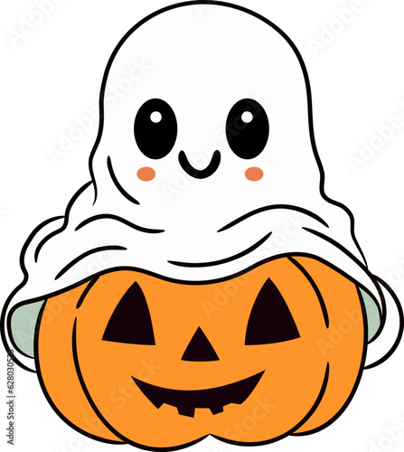 Cute cartoon Halloween ghost carrying pumpkin Jack-o'-lantern for holiday trick or treat  concept.
