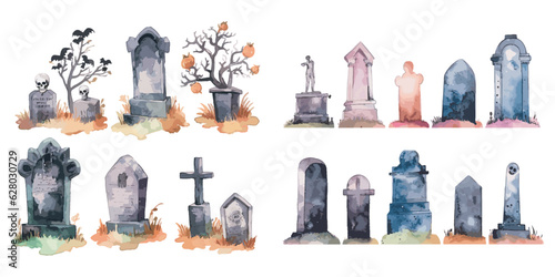 Watercolor spooky Halloween Graveyard clipart for graphic resources