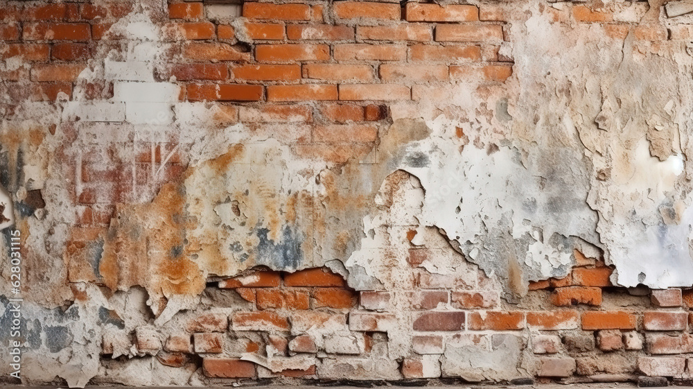 Old red brick wall surface with crumbling white plaster. Generative Ai Old red brick wall surface with crumbling white plaster. Generative Ai