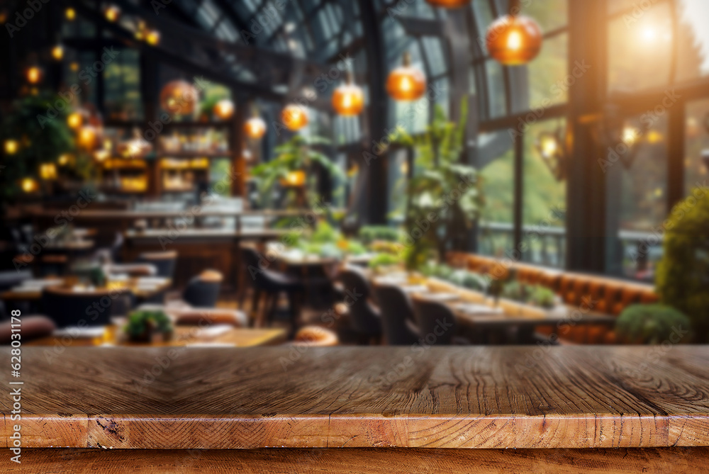 Image of a wooden table in front of an abstract blurred background of restaurant lights. Image of a wooden table in front of an abstract blurred background of restaurant lights.