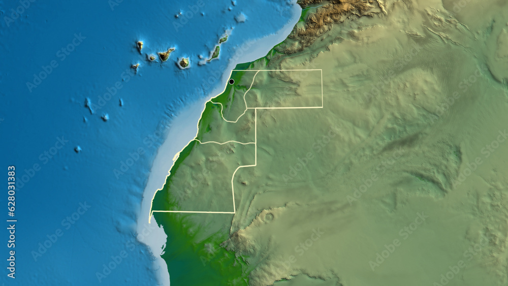 Shape of Western Sahara with regional borders. Physical.